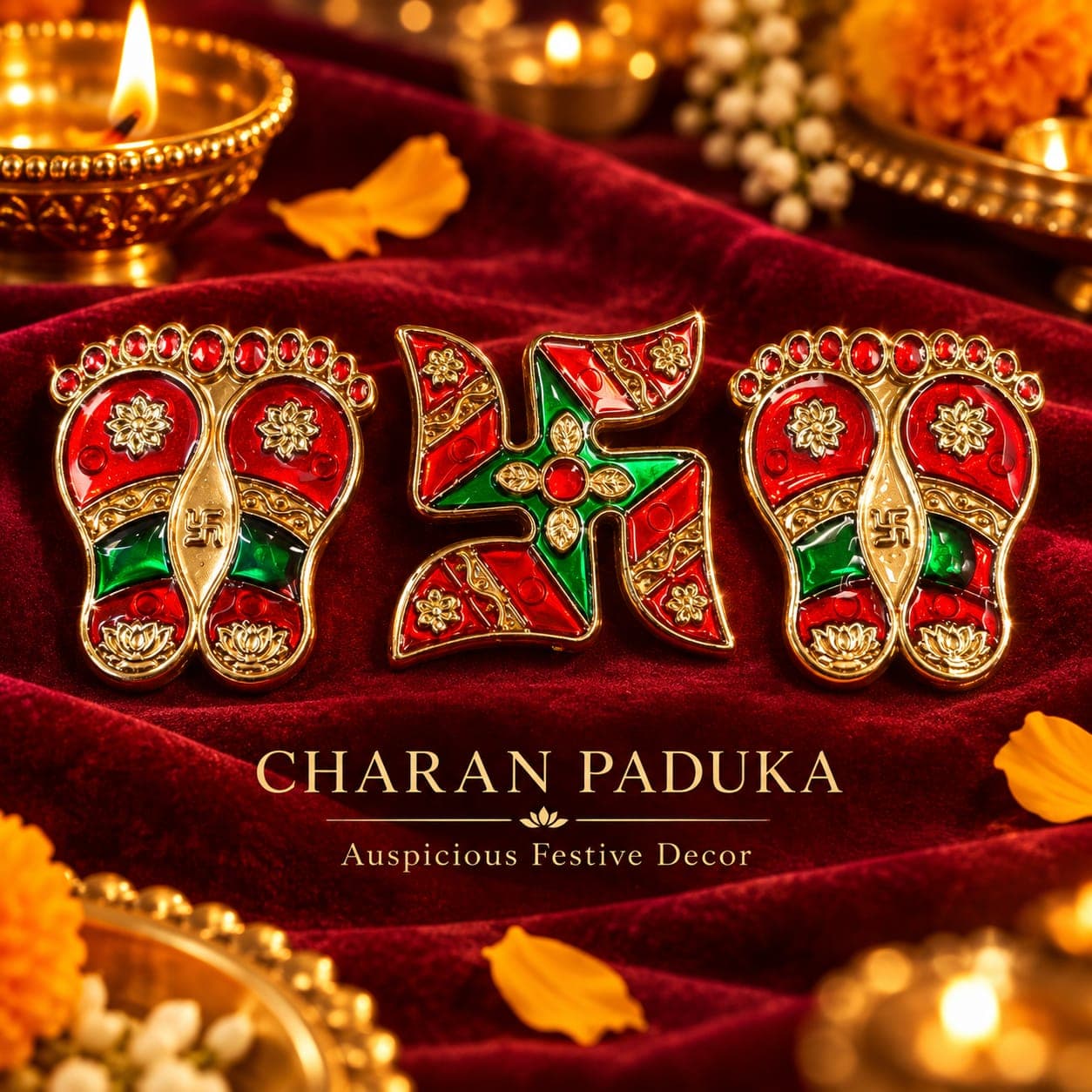 Charan Paduka Swastik Set (Red-Green)