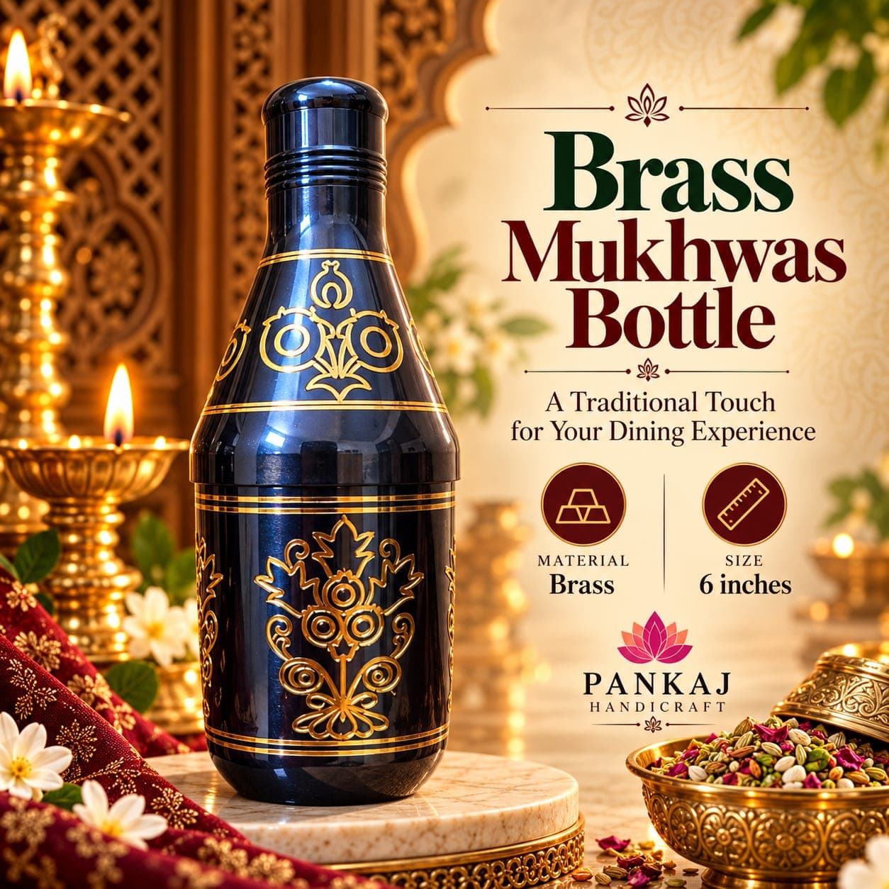 Brass Mukhwas Bottle - Floral Design (Dark Blue, 6 Inch)