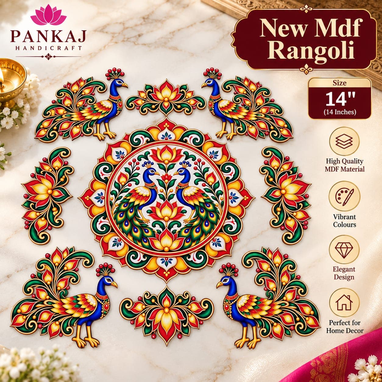 Printed MDF Rangoli (Peacock Lotus)